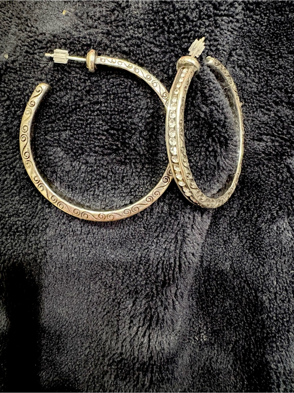 Brighton Silver Hoop Earrings with Scroll Engraving and Crystal Accents